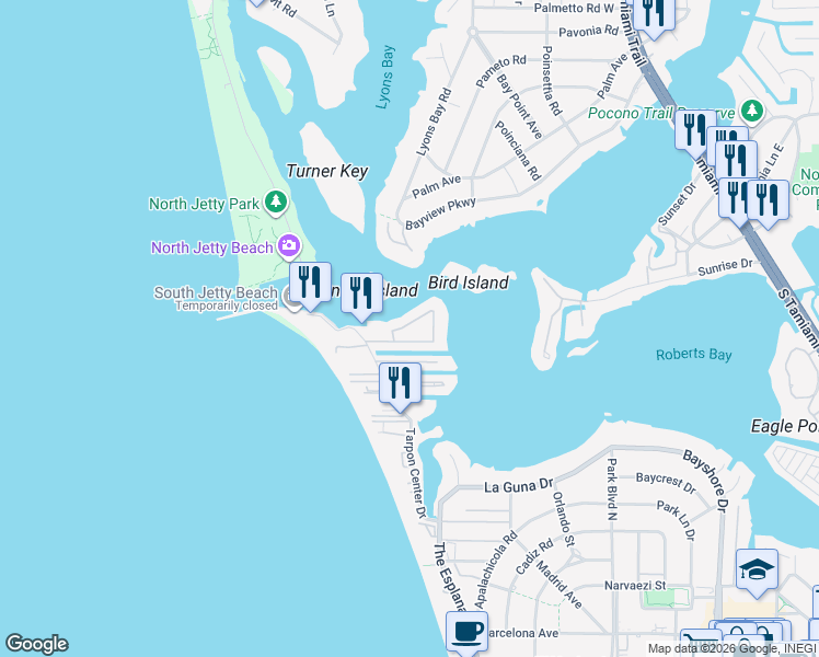 map of restaurants, bars, coffee shops, grocery stores, and more near 945 Inlet Circle in Venice
