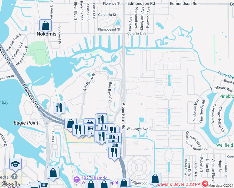 map of restaurants, bars, coffee shops, grocery stores, and more near 650 Bird Bay Drive East in Venice