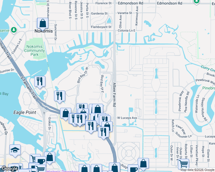 map of restaurants, bars, coffee shops, grocery stores, and more near 650 Bird Bay Drive East in Venice