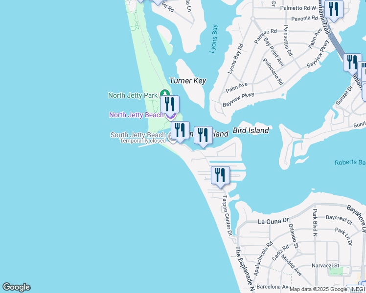 map of restaurants, bars, coffee shops, grocery stores, and more near 3 Tarpon Center Drive in Venice