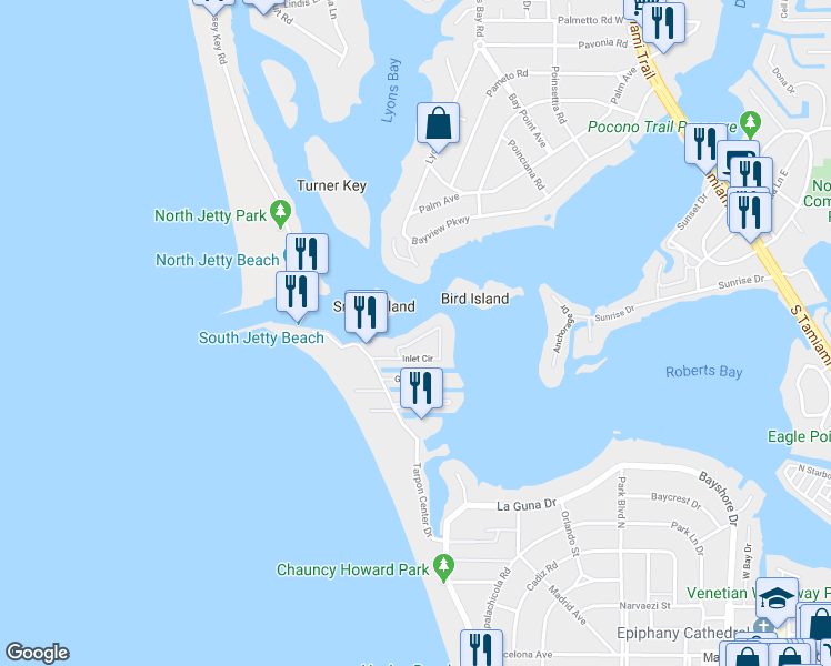 map of restaurants, bars, coffee shops, grocery stores, and more near 945 Inlet Circle in Venice