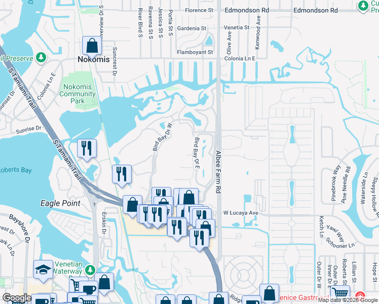 map of restaurants, bars, coffee shops, grocery stores, and more near 108 Bird Bay Drive East in Venice