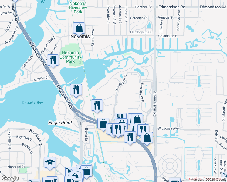 map of restaurants, bars, coffee shops, grocery stores, and more near 696 Bird Bay Circle in Venice