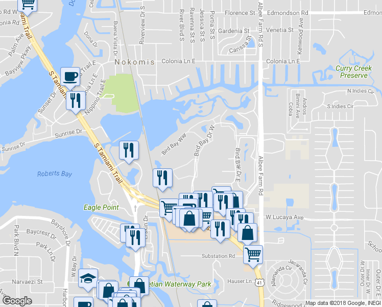 map of restaurants, bars, coffee shops, grocery stores, and more near 665 Bird Bay Circle in Venice