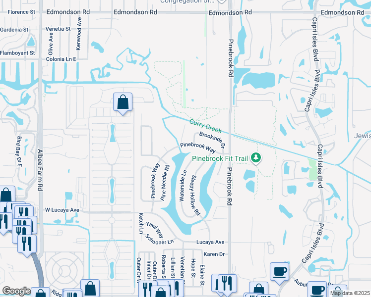 map of restaurants, bars, coffee shops, grocery stores, and more near 1322 Pinebrook Way in Venice