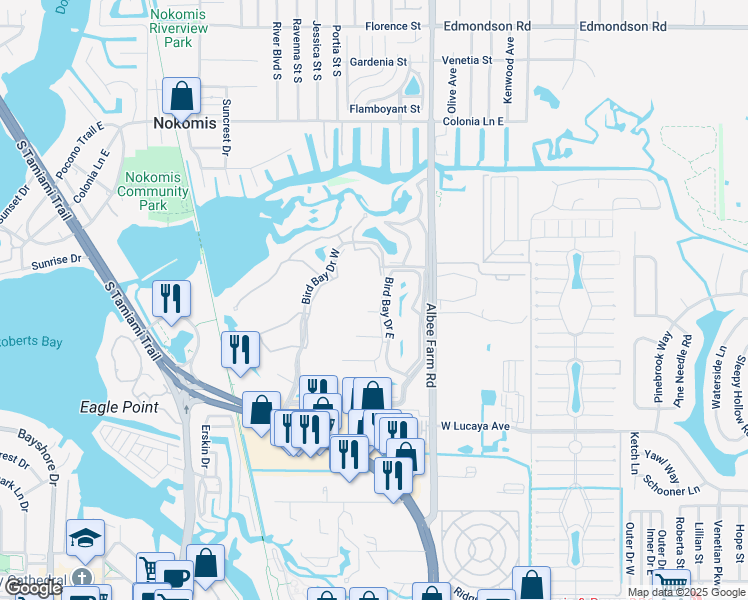 map of restaurants, bars, coffee shops, grocery stores, and more near 108 Bird Bay Drive East in Venice