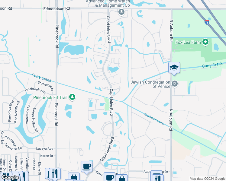 map of restaurants, bars, coffee shops, grocery stores, and more near 920 Capri Isles Boulevard in Venice