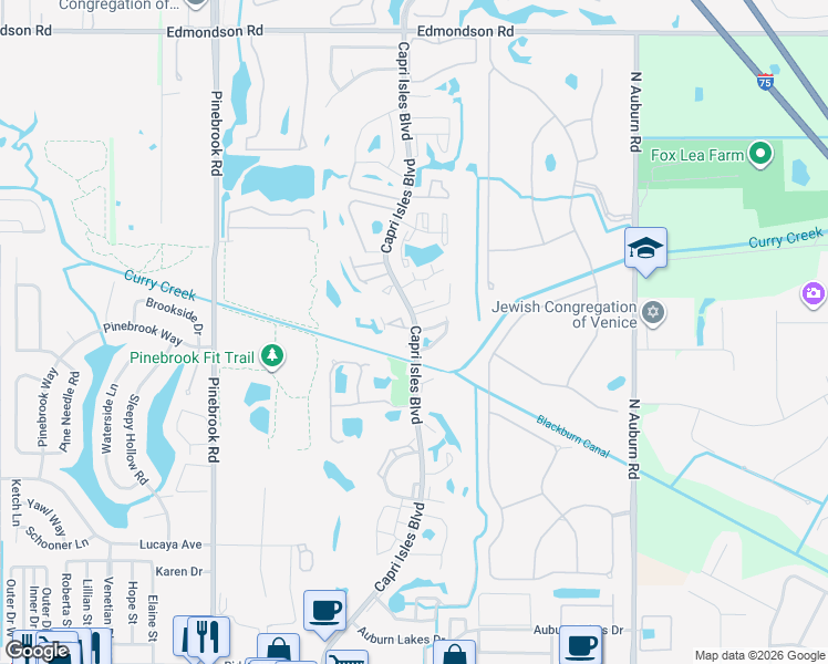 map of restaurants, bars, coffee shops, grocery stores, and more near 929 Capri Isles Boulevard in Venice