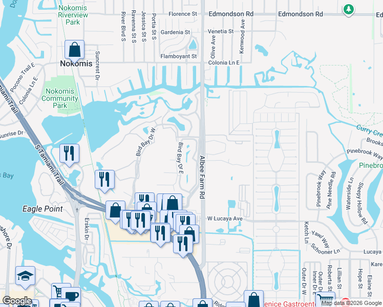 map of restaurants, bars, coffee shops, grocery stores, and more near 650 Bird Bay Drive East in Venice