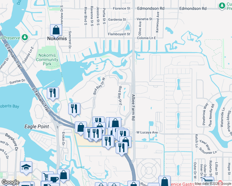 map of restaurants, bars, coffee shops, grocery stores, and more near 108 Bird Bay Drive East in Venice