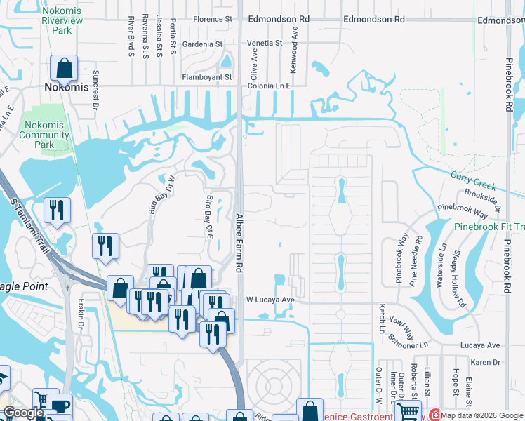 map of restaurants, bars, coffee shops, grocery stores, and more near 611 Gardens Edge Drive in Venice