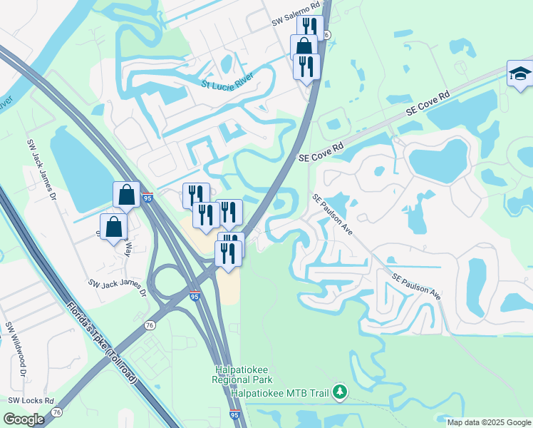 map of restaurants, bars, coffee shops, grocery stores, and more near 190 Southwest Kanner Highway in Stuart