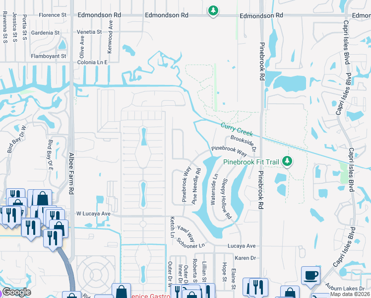 map of restaurants, bars, coffee shops, grocery stores, and more near 1311 Pinebrook Way Court in Venice