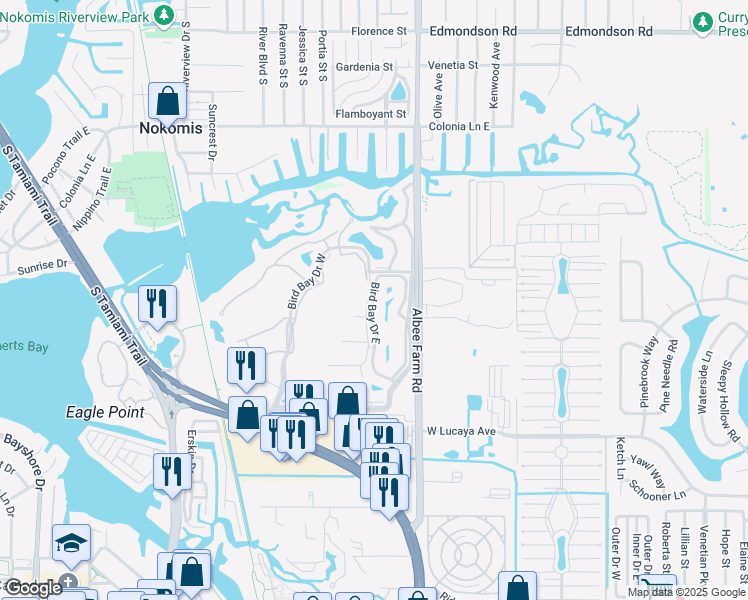 map of restaurants, bars, coffee shops, grocery stores, and more near 108 Bird Bay Drive East in Venice