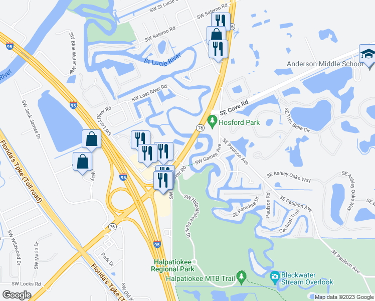 map of restaurants, bars, coffee shops, grocery stores, and more near 186 Southwest Kanner Highway in Stuart