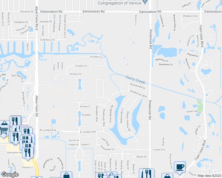 map of restaurants, bars, coffee shops, grocery stores, and more near 1319 Pinebrook Way Court in Venice