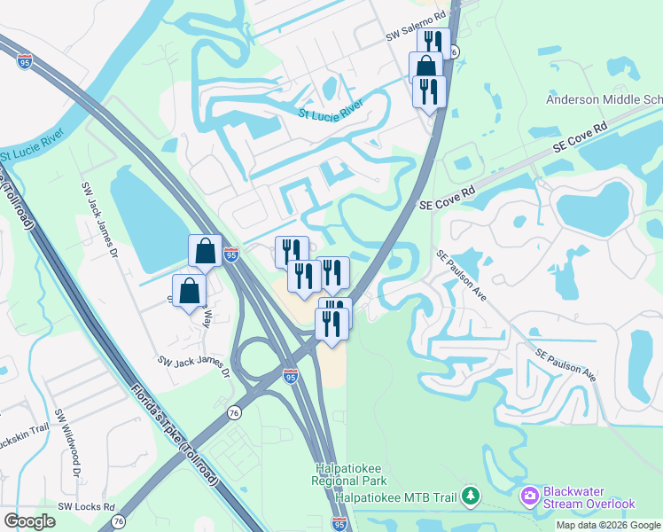 map of restaurants, bars, coffee shops, grocery stores, and more near 7539 Southwest Lost River Road in Stuart