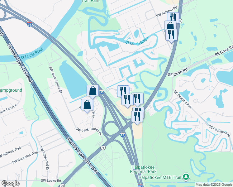 map of restaurants, bars, coffee shops, grocery stores, and more near 626 Southwest Glen Crest Way in Stuart