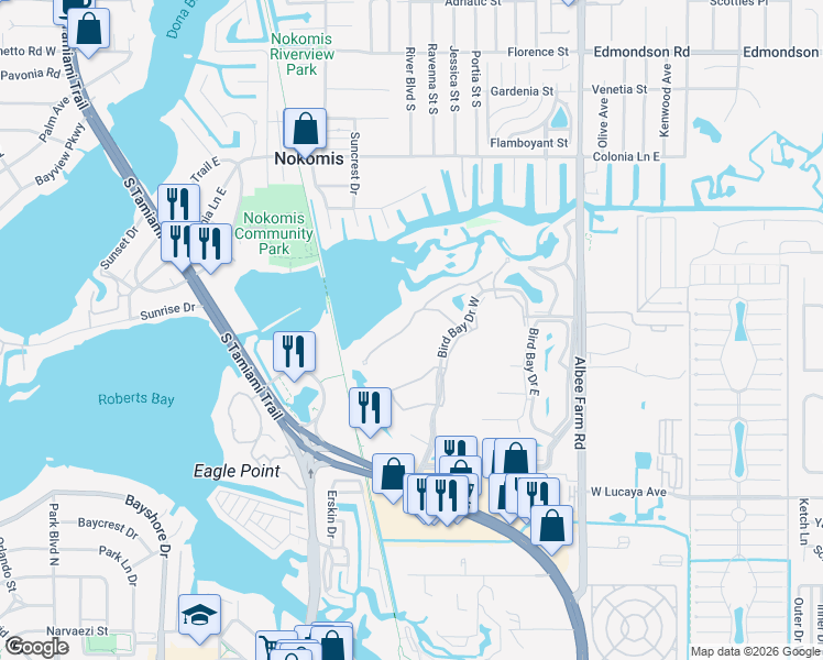 map of restaurants, bars, coffee shops, grocery stores, and more near 986 Bird Bay Way in Venice