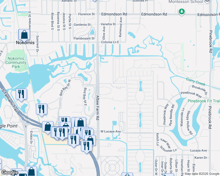 map of restaurants, bars, coffee shops, grocery stores, and more near 1047 Albee Farm Road in Venice