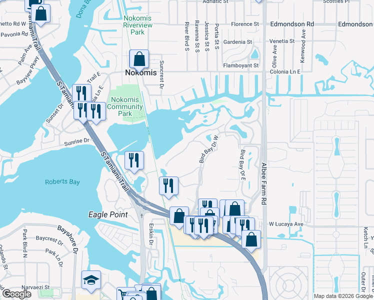map of restaurants, bars, coffee shops, grocery stores, and more near 986 Bird Bay Way in Venice