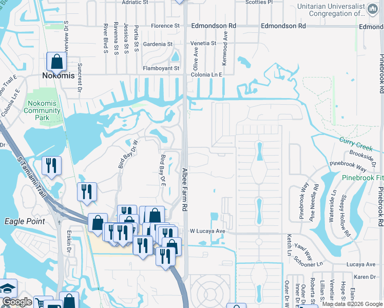 map of restaurants, bars, coffee shops, grocery stores, and more near 1047 Albee Farm Road in Venice