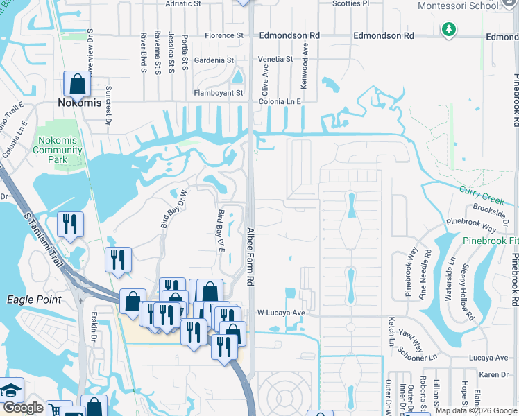 map of restaurants, bars, coffee shops, grocery stores, and more near 1047 Albee Farm Road in Venice