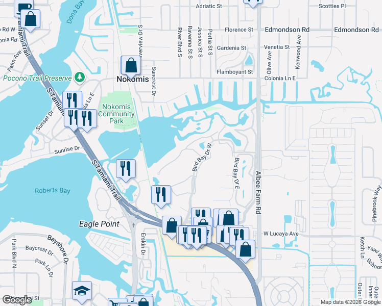map of restaurants, bars, coffee shops, grocery stores, and more near 992 Bird Bay Way in Venice