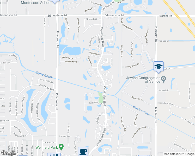map of restaurants, bars, coffee shops, grocery stores, and more near 1027 Capri Isles Boulevard in Venice