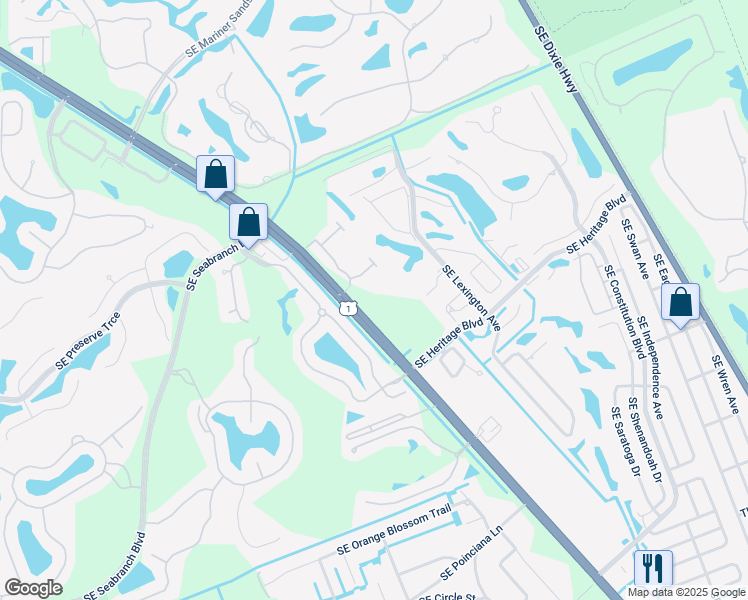 map of restaurants, bars, coffee shops, grocery stores, and more near 5785 Pinehurst Trail in Hobe Sound