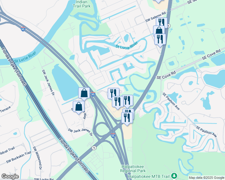 map of restaurants, bars, coffee shops, grocery stores, and more near 626 Southwest Glen Crest Way in Stuart