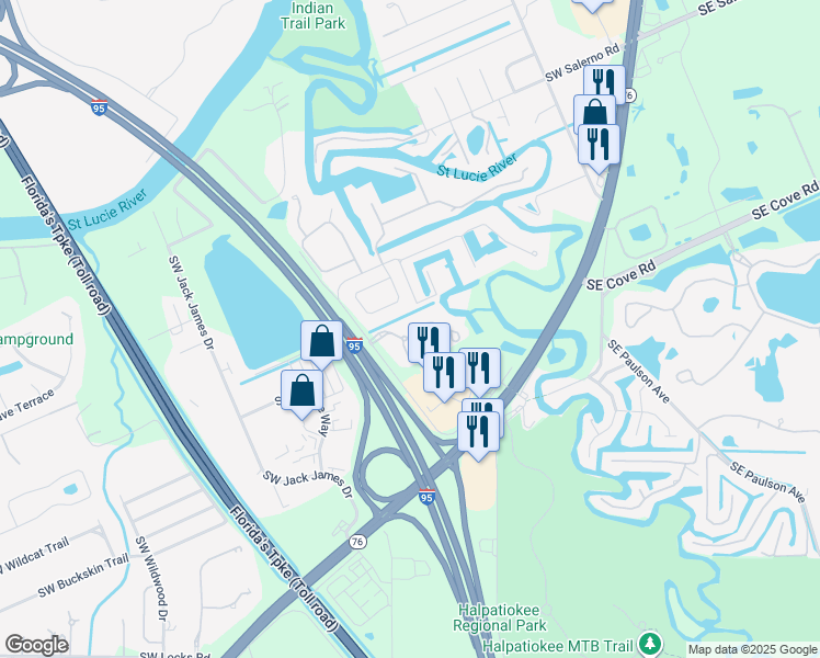 map of restaurants, bars, coffee shops, grocery stores, and more near 663 Southwest Glen Crest Way in Stuart