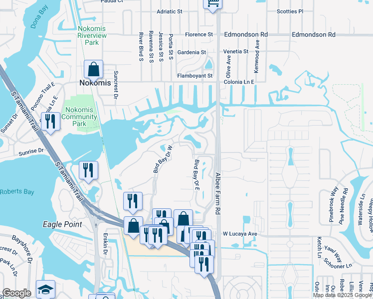 map of restaurants, bars, coffee shops, grocery stores, and more near 600 Bird Bay Drive North in Venice