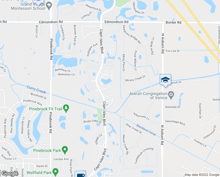 map of restaurants, bars, coffee shops, grocery stores, and more near 7 Capri Isles Boulevard in Venice