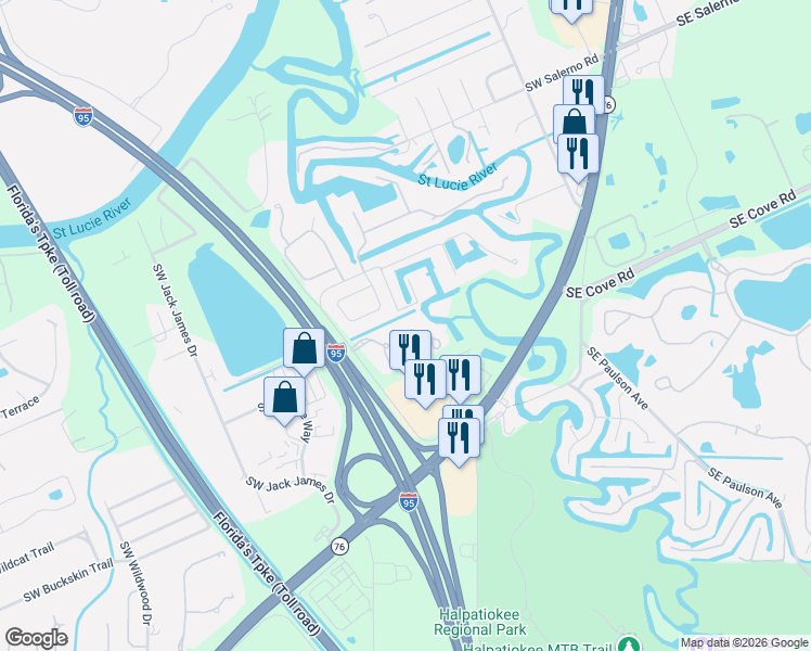 map of restaurants, bars, coffee shops, grocery stores, and more near 626 Southwest Glen Crest Way in Stuart