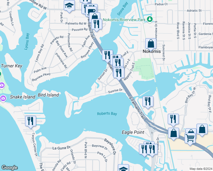 map of restaurants, bars, coffee shops, grocery stores, and more near 237 Colonia Lane in Nokomis