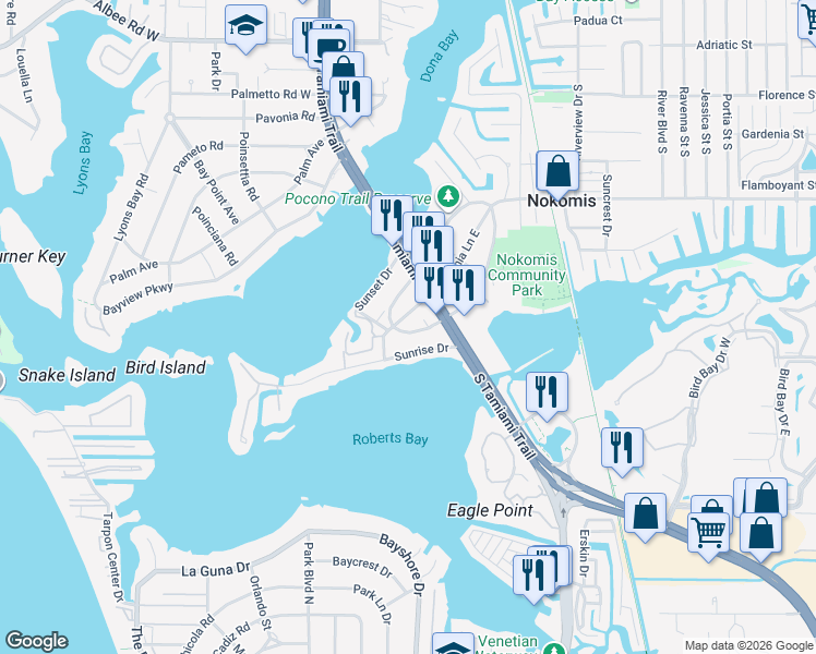 map of restaurants, bars, coffee shops, grocery stores, and more near 118 Colonia Lane West in Nokomis