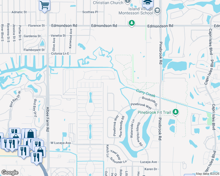 map of restaurants, bars, coffee shops, grocery stores, and more near 1351 Pine Needle Road in Venice