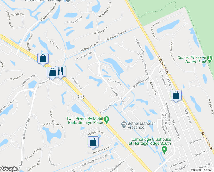 map of restaurants, bars, coffee shops, grocery stores, and more near 6199 Southeast Ames Way in Hobe Sound
