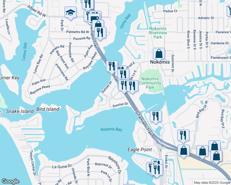 map of restaurants, bars, coffee shops, grocery stores, and more near 118 Colonia Lane West in Nokomis