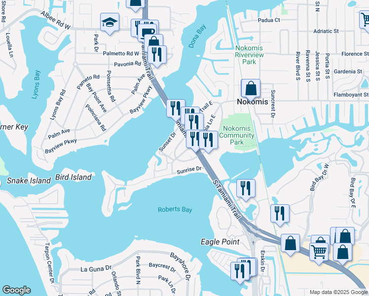 map of restaurants, bars, coffee shops, grocery stores, and more near 118 Colonia Lane West in Nokomis