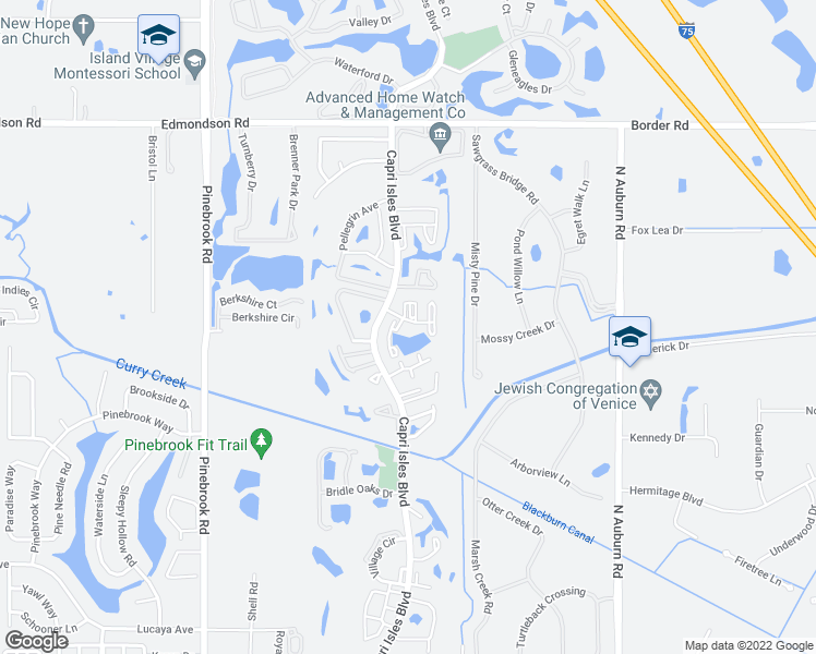 map of restaurants, bars, coffee shops, grocery stores, and more near 1050 Capri Isles Boulevard in Venice