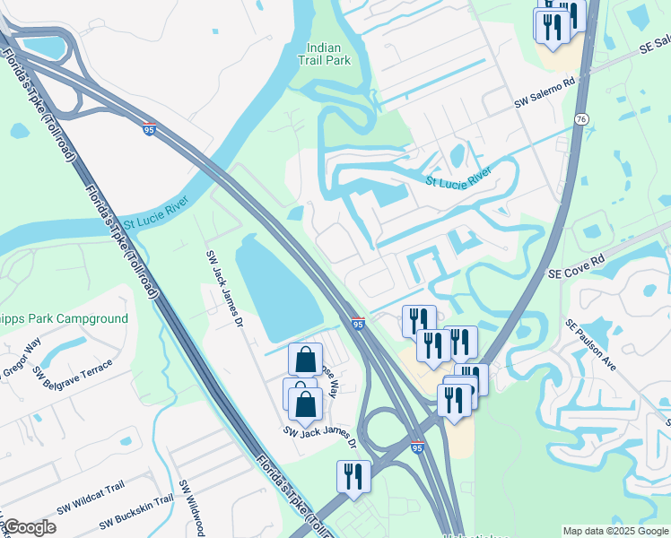 map of restaurants, bars, coffee shops, grocery stores, and more near 755 Southwest River Bend Circle in Stuart
