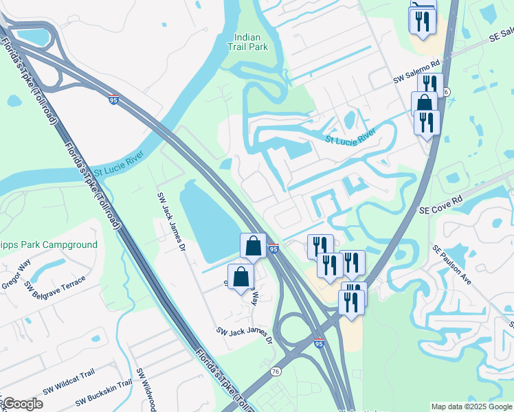 map of restaurants, bars, coffee shops, grocery stores, and more near 755 Southwest River Bend Circle in Stuart