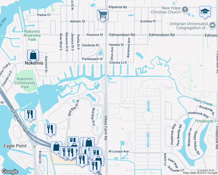 map of restaurants, bars, coffee shops, grocery stores, and more near 1075 Albee Farm Road in Venice