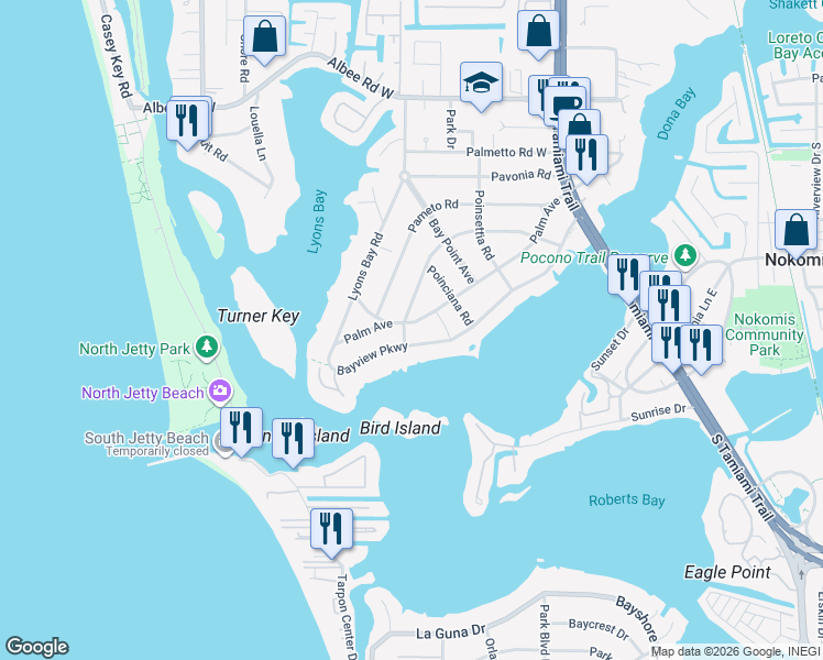 map of restaurants, bars, coffee shops, grocery stores, and more near 417 Palm Avenue in Nokomis