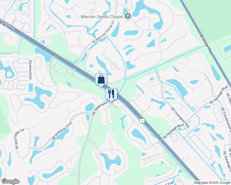 map of restaurants, bars, coffee shops, grocery stores, and more near N US 1 & SE Seabranch Blvd in Hobe Sound