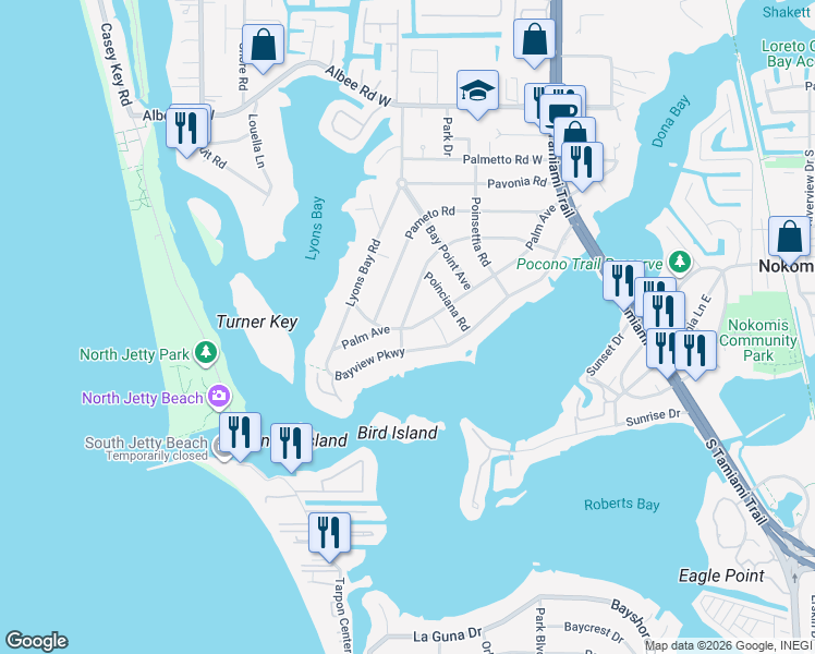 map of restaurants, bars, coffee shops, grocery stores, and more near 417 Palm Avenue in Nokomis