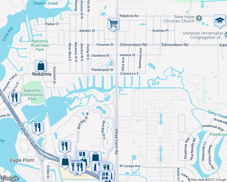 map of restaurants, bars, coffee shops, grocery stores, and more near 841 Waterside Drive in Venice