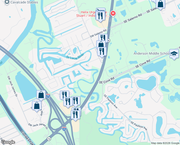 map of restaurants, bars, coffee shops, grocery stores, and more near 299 Southwest Lost River Road in Stuart
